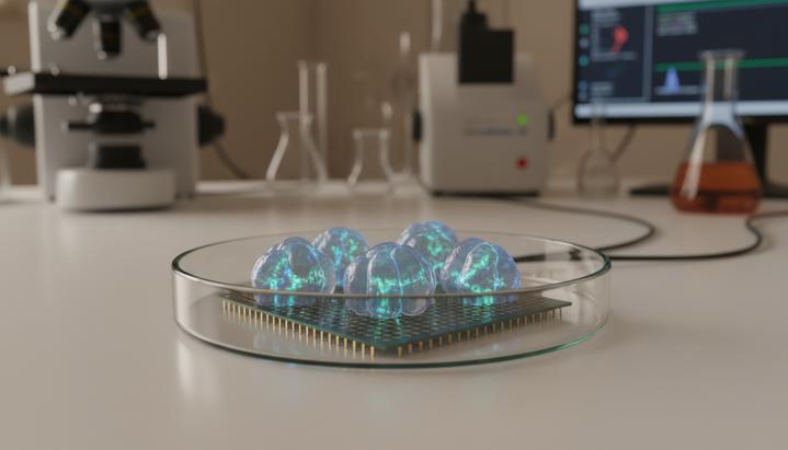 Крупный план мозговых органоидов размером с горошину в стерильной чашке Петри на чипе с электродами в лаборатории.