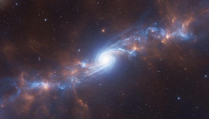 Телескоп Уэбба раскрыл секреты древней сверхновой во Вселенной Изображение далекой, формирующейся галактики с яркой, расширяющейся вспышкой сверхновой в одном из ее рукавов, окруженной космической пылью.