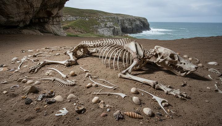 Загадка древних волков Балтики: люди доставляли хищников на удалённый остров Древние кости волка в археологическом раскопе внутри пещеры на скалистом острове, рядом с которыми лежат останки морских животных и раковины.