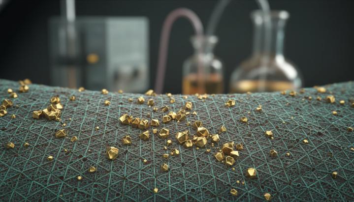 Золотые перовскиты: Катализатор для устойчивого производства ацетальдегида Микроскопическое изображение золотых наночастиц, расположенных на кристаллической поверхности перовскитного катализатора в лабораторных условиях.