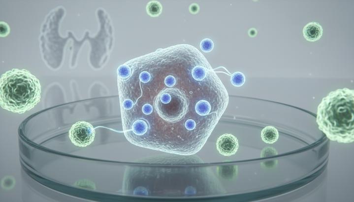 Микроскопическое изображение: печеночная клетка, поглощающая РНК-наночастицы. Вокруг циркулируют Т-клетки. На заднем плане вилочковая железа.