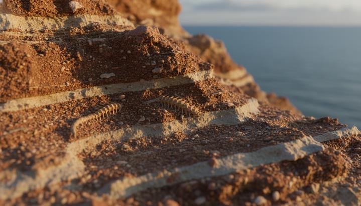 Крошечные ископаемые позвонки змеи в слое глины на обрывистом морском берегу Хордл-Клифф в Англии.