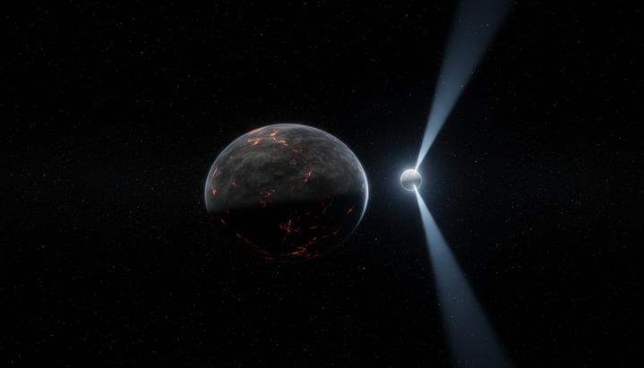 Вытянутая экзопланета с темной углеродной атмосферой на орбите пульсара, испускающего лучи энергии в космос.