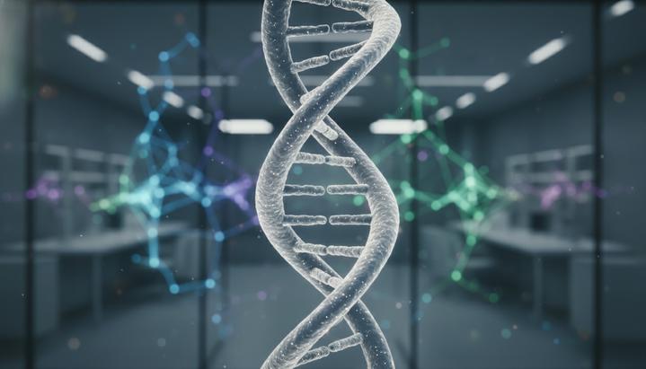 Крупный план светящейся спирали ДНК на размытом фоне нейронной сети, символизирующей генетику и мозг.