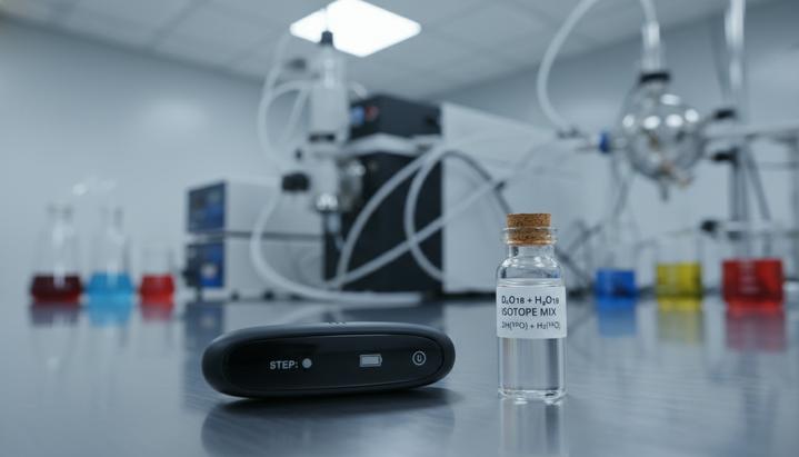 На лабораторном столе лежат датчик для отслеживания физической активности и флакон с изотопной водой для эксперимента.