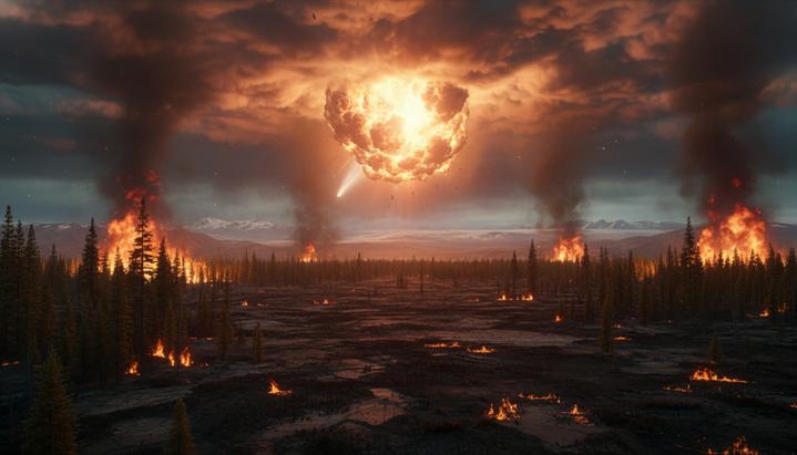 Огненный взрыв кометы в небе над доисторическим лесом ледникового периода, охваченным пожаром.