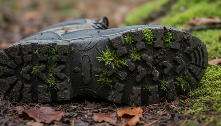 Судебная ботаника: как крошечные мхи помогают раскрывать преступления Крупный план подошвы грязного ботинка с частицами зеленого мха в протекторе на фоне лесной земли и опавших листьев.