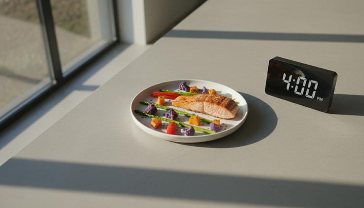 Тарелка со здоровой едой, такой как овощи и рыба, стоит на кухонном столе рядом с цифровыми часами.