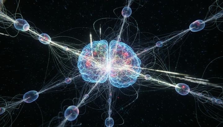 Абстрактное изображение нейронных сетей мозга человека, показывающее светящиеся пути и сложные соединения белого вещества между разными областями.