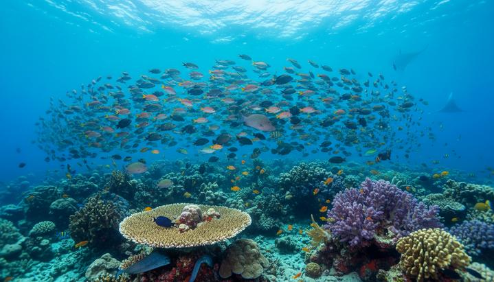 Подводный снимок здорового кораллового рифа с множеством разноцветных тропических рыб в чистой голубой воде.