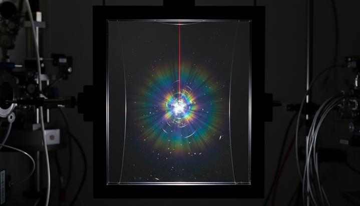 Тонкая пленка жидкости в лабораторной установке, через которую проходит лазерный луч, вызывая свечение в точке взаимодействия.