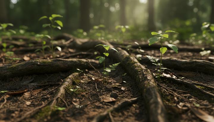 Крупный план плодородной лесной почвы с видимыми корнями растений и прорастающими из земли зелеными ростками на размытом фоне леса.