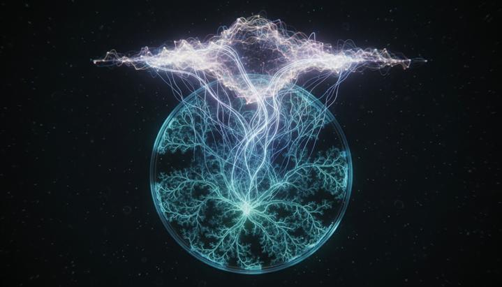 Колония светящихся бактерий в чашке Петри, от которой отходят нейронные нити к абстрактной сети на темном фоне.