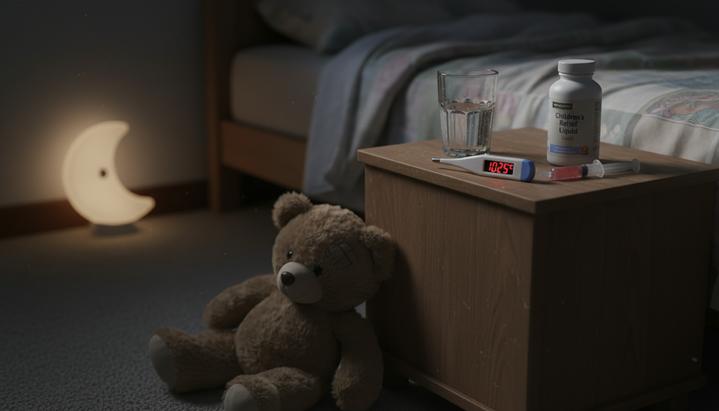 Тамифлю не вызывает, а предотвращает осложнения гриппа у детей Детская прикроватная тумбочка, на которой стоят стакан с водой, цифровой термометр и флакон с лекарством. Рядом сидит плюшевый мишка.