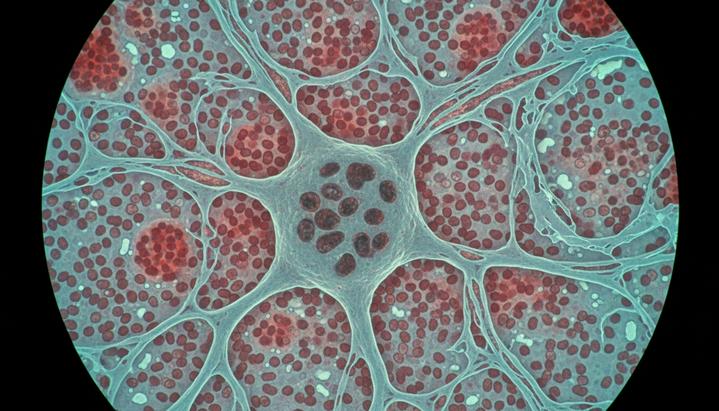 Поврежденная клетка Пуркинье в мозжечке с разрушающейся миелиновой оболочкой и неактивными митохондриями.