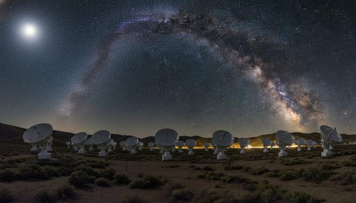 «Мерцание» пульсара: ключ к гравиволнам и поиску внеземных сигналов Радиотелескопы Аллена в обсерватории Хэт-Крик, направленные на ночное небо со звездами и Млечным Путем.