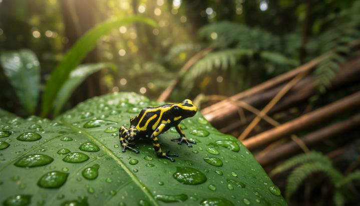Ученые исправили 20-летнюю ошибку в классификации ядовитой лягушки Маленькая ядовитая лягушка Ранитомейя с черной кожей и желтым узором сидит на мокром зеленом листе в джунглях.