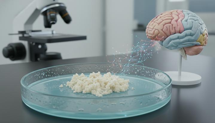 Колония бактерий в чашке Петри на фоне научной лаборатории с микроскопом и анатомической моделью человеческого мозга.