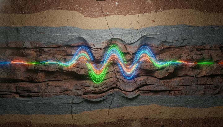 Геологический разрез земной коры с различными слоями пород, через которые проходит сейсмическая волна.