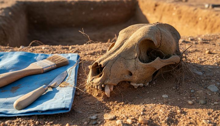 Череп древней собаки, частично раскопанный в земле на месте археологических работ. Рядом лежат инструменты – кисточка и совок.