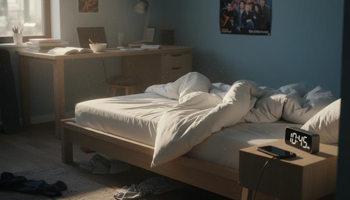Пустая кровать в спальне подростка, залитая ярким утренним светом из окна. На прикроватной тумбочке стоит будильник.