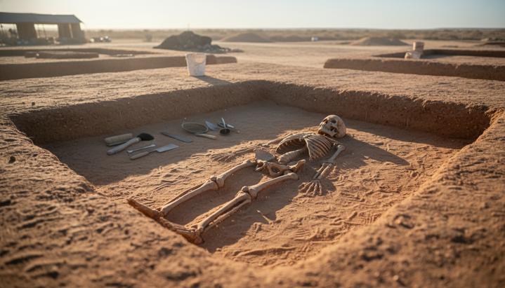 Древние геномы герпеса раскрыли 2500-летнюю историю его связи с человеком Частично раскопанный древний человеческий скелет в земле на месте археологических раскопок. Рядом лежат инструменты.