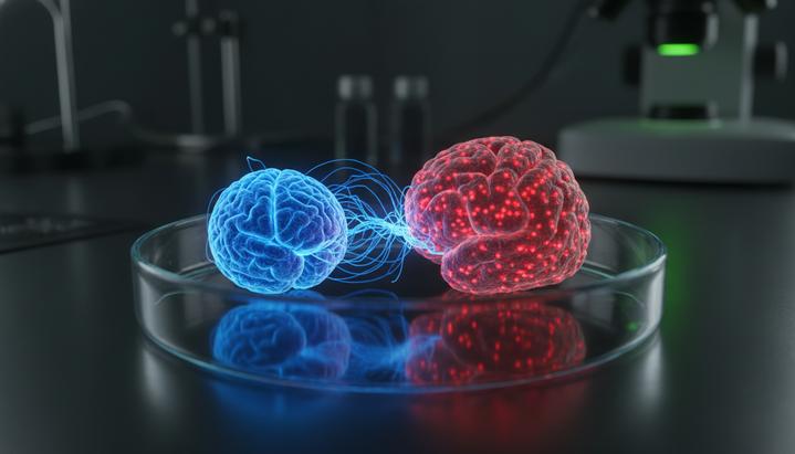 Два мозговых органоида, таламус и кора, соединенные светящимися нейронными волокнами в чашке Петри.