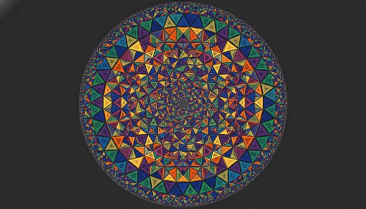 Гиперболическая мозаика из повторяющихся геометрических фигур, заполняющая пространство внутри круга.