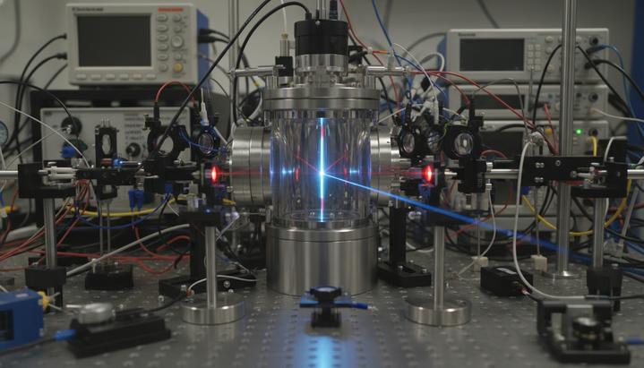 Физики создали квантовый газ с идеальной проводимостью Научная установка для квантовой физики: в центре вакуумной камеры светится тонкая прямая линия ультрахолодного атомарного газа.