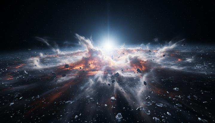 Два гигантских столкновения за 20 лет зафиксированы у звезды Фомальгаут Космический пейзаж: облако пыли от столкновения двух планетезималей в кольце обломков, вращающемся вокруг яркой звезды.