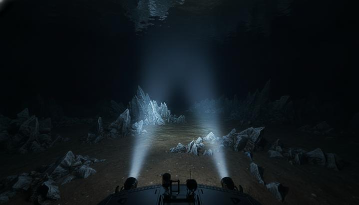 Темное скалистое дно подледного океана спутника Европа, освещенное лучом света от исследовательского аппарата в полной темноте.