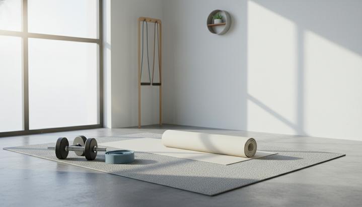 Уголок для домашних тренировок у окна: коврик для йоги, гантели и эспандер на полу. Спортивный инвентарь для физической активности.