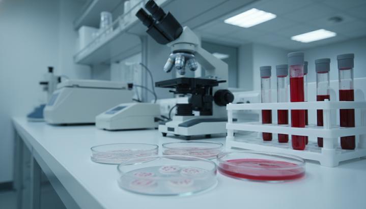 Лабораторный стол с чашками Петри, пробирками с кровью и микроскопом на фоне.