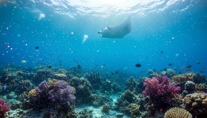 Подводный вид на коралловый риф, освещенный проникающими сквозь воду солнечными лучами. В воде видны мелкие частицы планктона.