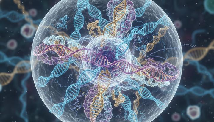 Сложная трехмерная структура ДНК, свернутая в петли и компартменты внутри ядра клетки.
