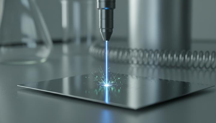 Макроснимок: узкий луч лазера попадает на металлическую пластину с напылением тория-229 в научной лаборатории.