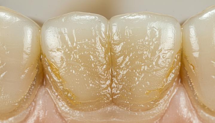 Крупный план коренного зуба человека, покрытого слоем структурированного зубного налета (биопленки).