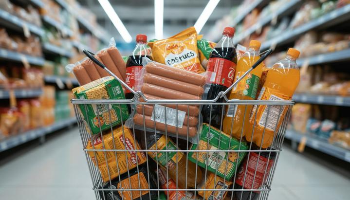 Новое исследование связало пищевые консерванты с риском диабета Продуктовая корзина, наполненная обработанными продуктами: колбасными изделиями в вакуумной упаковке, газировкой, чипсами и лапшой быстрого приготовления.