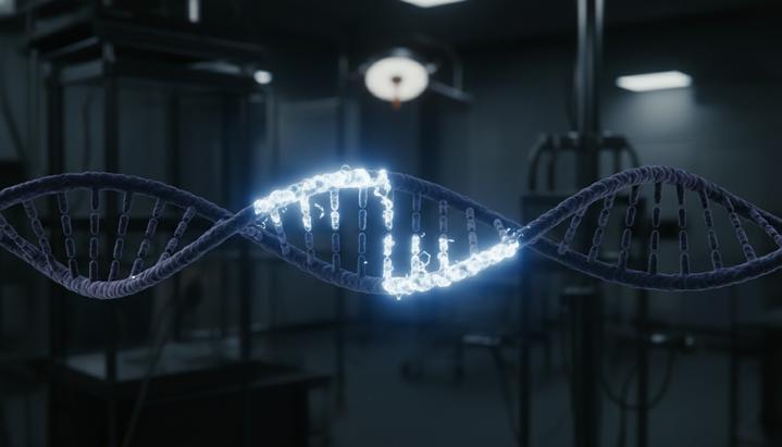 Макро-изображение двойной спирали ДНК, на которой виден светящийся участок с аномальным расширением генетической последовательности.