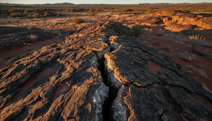 Древние вулканические породы с вкраплениями кристаллов полевого шпата в регионе Мерчисон, Западная Австралия.