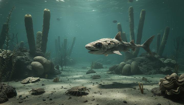Древнее морское дно ордовикского периода с примитивной челюстной рыбой, губками и трилобитами на фоне подводных отложений.