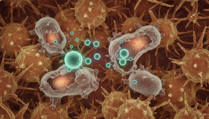 Микроскопическое изображение: наночастицы доставляют лекарство в иммунные клетки (макрофаги) внутри раковой опухоли.