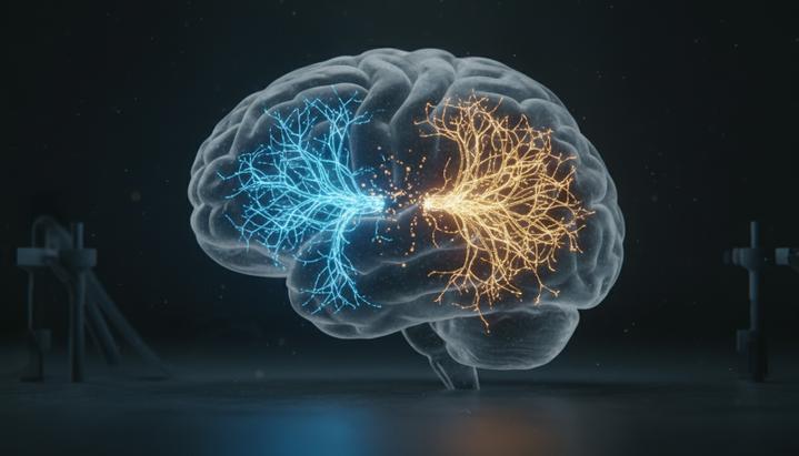 Абстрактное изображение мозга, показывающее разрыв связи между нейросетью слуха (синяя) и центром вознаграждения (золотой).