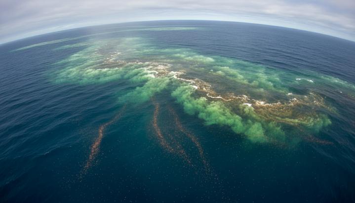Поверхность океана с видимым цветением фитопланктона. Частицы железа оседают в толщу воды под лучами солнца.