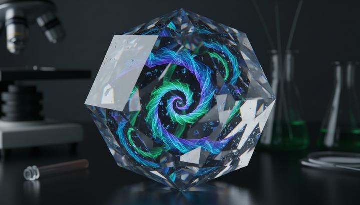 Крупный план сложного кристаллического материала, внутри которого видны светящиеся вихревые узоры магнитных спинов на темном фоне.