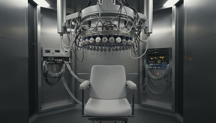 Пустое кресло в лаборатории под шлемом магнитоэнцефалографа (МЭГ) для исследования электрической активности мозга.