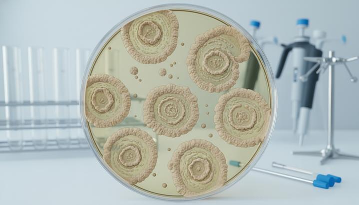 Чашка Петри с колониями бактерий Mycobacterium tuberculosis в научной лаборатории. Крупный план на текстурированные культуры.