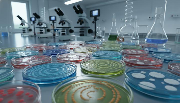 Лабораторный стол с чашками Петри, в которых видны колонии бактерий. На заднем плане размытое научное оборудование.