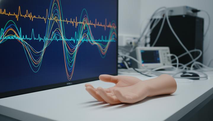 Скорость альфа-волн мозга определяет чувство собственного тела Реалистичная силиконовая рука на столе в лаборатории рядом с монитором, на котором изображены альфа-волны мозга.