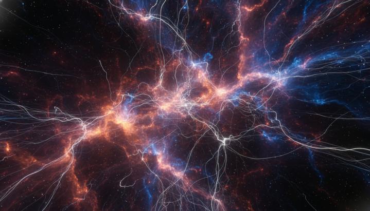 Абстрактное изображение ранней Вселенной: вихри раскаленной плазмы и газа, сквозь которые проносятся светящиеся потоки частиц темной материи.